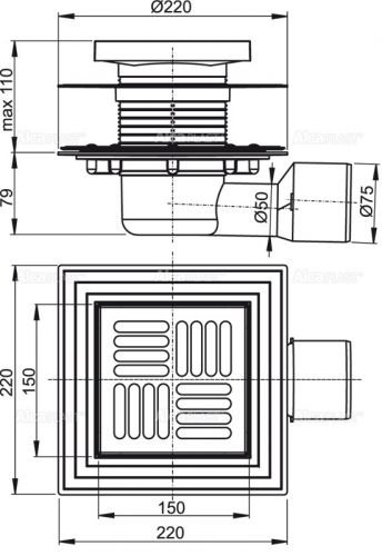 APV3444 Сливной трап 150 × 150/50/75, подводка – боковая, решетка – нержавеющая сталь, фланец –нерж сталь Alca Plast в Кропоткине